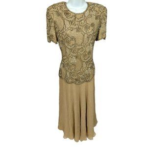 Adrianna Papell Vintage Beige Beaded Silk Dress 6